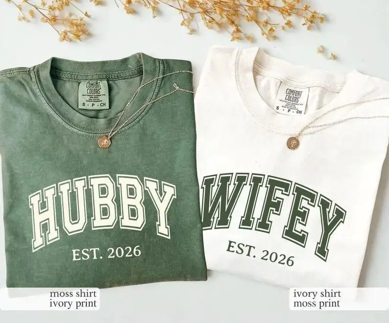 Comfort Colors Wifey And Hubby Wedding Party Honeymoon Matching Couple T-Shirt For Just Married Wife And Hubs Shirt Graphic, Apparel Made In The USA		