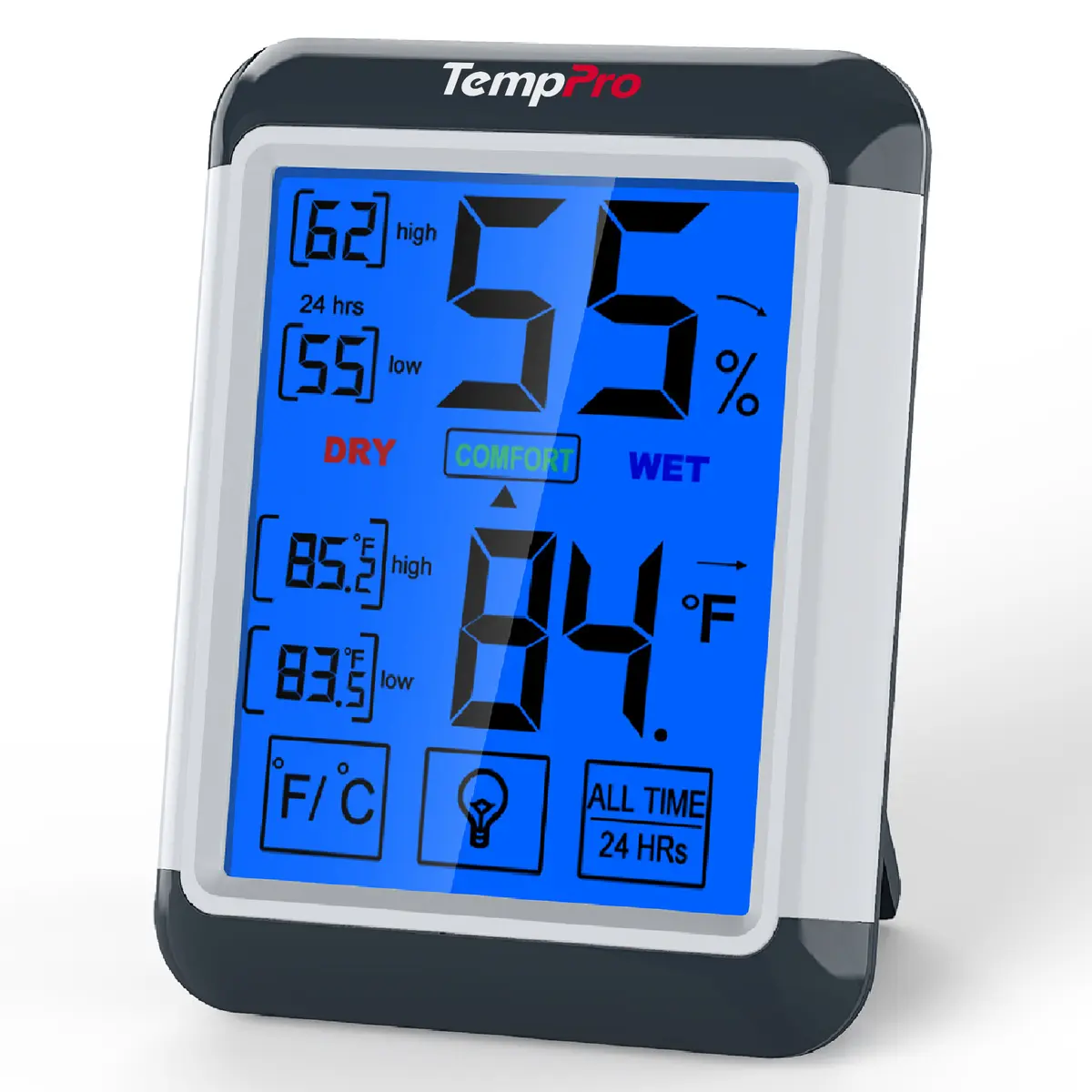 TempPro TempAir TP55W Digital Indoor Hygrometer Thermometer with Touchscreen,4-Inch Temperature/Humidity Monitor with Backlit, Room Thermometer/Humidity Meter for House Home Greenhouse