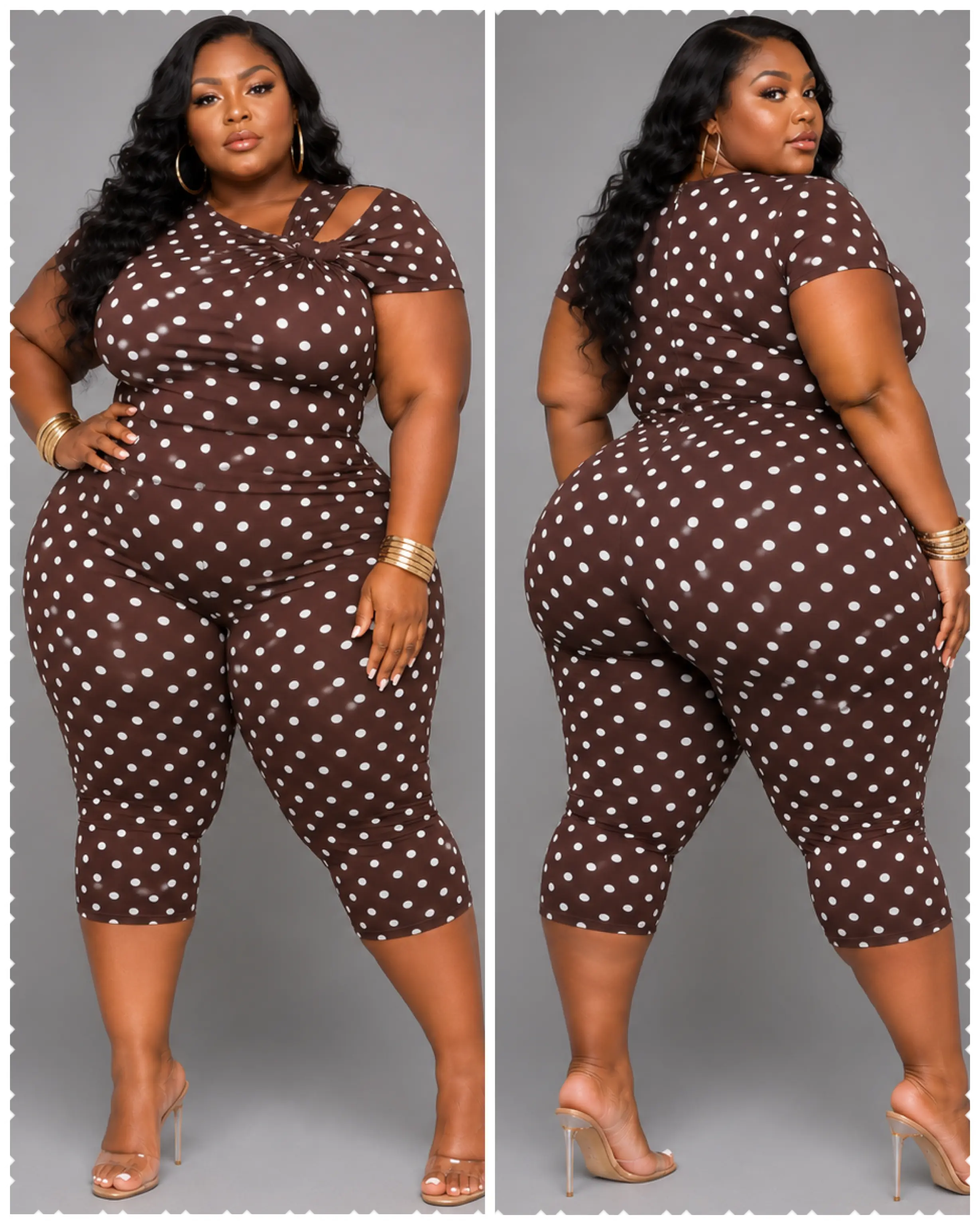 PLUS SIZE :BADDIE CAPRI ROMPER"-CHOCOLATE POLKA DOT-14