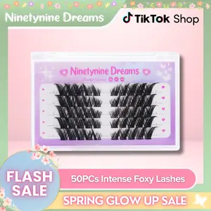 Ninetynine Dreams 50PCs Intense Foxy Lashes | Dramatic Wispy Long Pre-Mapped 8-16mm D Curl Beginner-Friendly False Eyelashes for Cat Eye & Siren Look — Reusable Waterproof Ultra-Thin Band Lash Clusters for Bold Glam Cat Eye Makeup