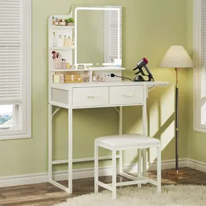 Makeup Vanity Desk with Mirror and Lights, Small Makeup Vanity with Fabric Storage Drawer & Chair & Shelves, White Vanity with Fold-up Panel and Power Outlet for Bedroom