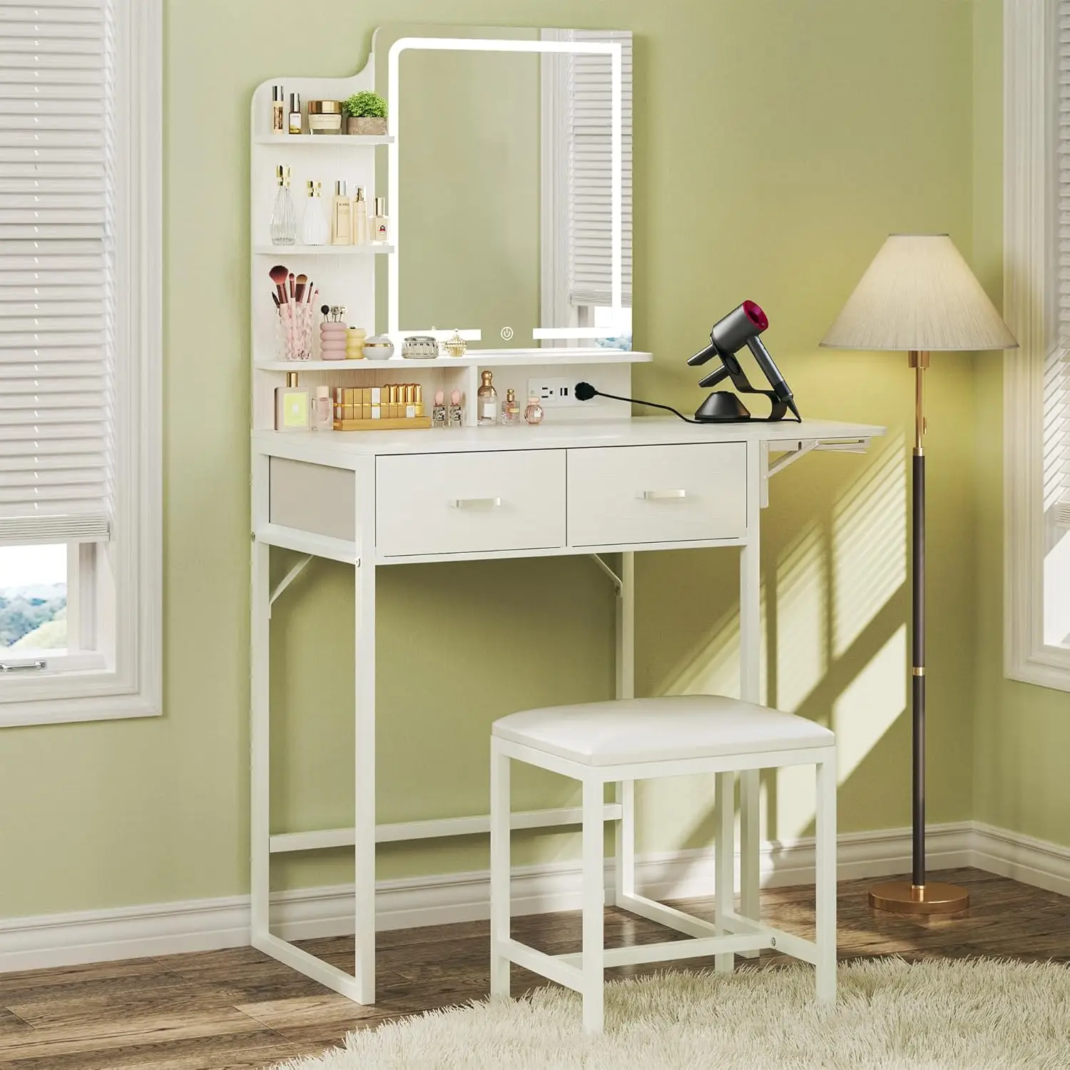 Makeup Vanity Desk with Mirror and Lights, Small Makeup Vanity with Fabric Storage Drawer & Chair & Shelves, White Vanity with Fold-up Panel and Power