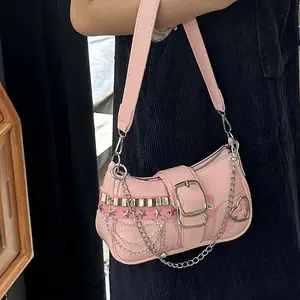 Y2K Gothic Leopard Shoulder Bag for Women, Punk PU Leather Crescent Bag with Chain Charms, Vintage Grunge Aesthetic Underarm Purse Holiday Gift