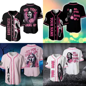 Ghostface Scream Halloween Baseball Jersey, No You Hang Up Scary Movie Character Black Pink Unisex Baseball Shirt, Spooky Season Costume, Gift for Her & Him Friends , trendy baseball jersey