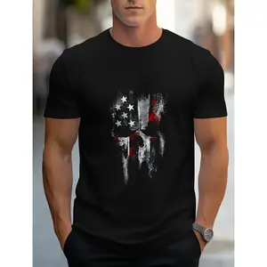 mens patriotic skull usa flag 3d print cotton t shirt street neck short sleeve regular fit casual top for holidays parties machine washable cool gift for men  Graphic Tees Tshirt