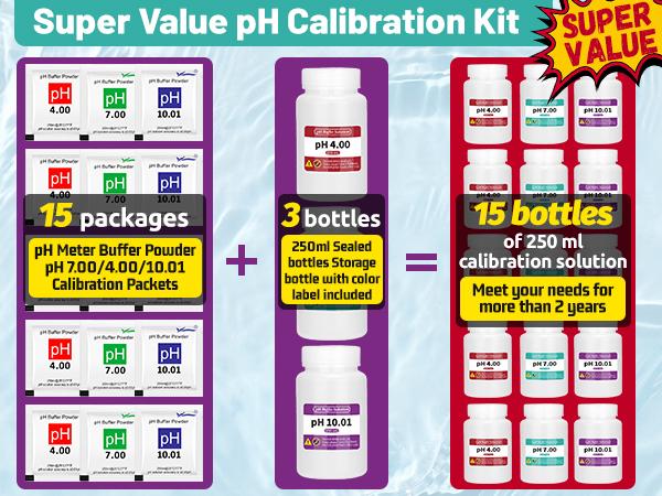 15 Pack pH Calibration Buffer Powder Calibration Solution for Precise Meter Calibration, 4.00pH/7.00pH/10.01pH with Three 250ml Bottles - Professional pH Tester Calibration Kit