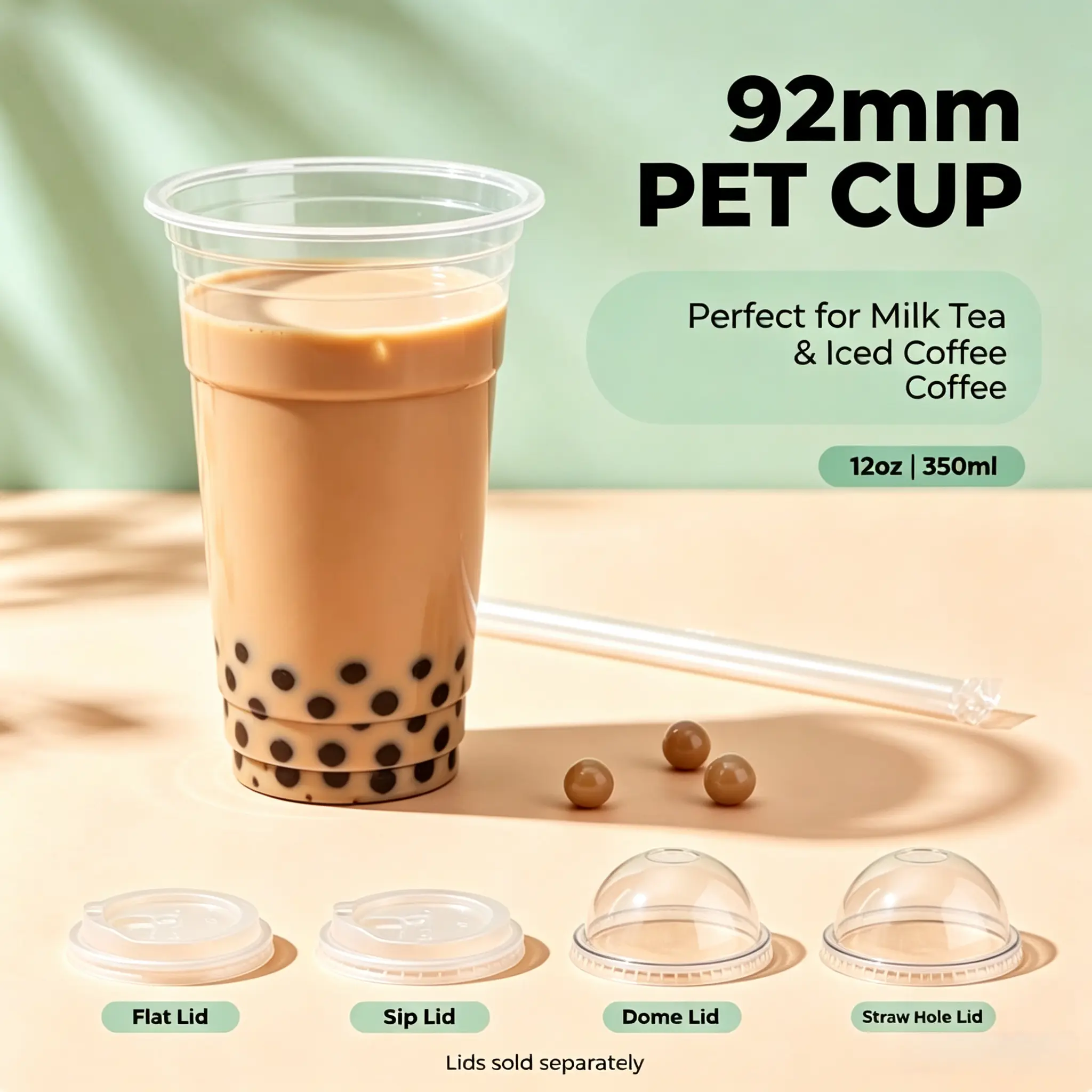 Disposable PET Beverage Cups (92mm Caliber, 7oz-12oz Multiple Sizes) - Takeaway Containers for Bubble Tea, Cold Drinks