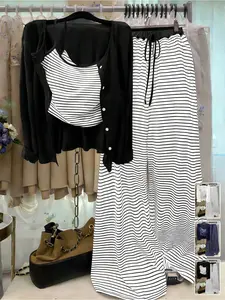 Large Size Striped Three-Piece Set, Camisole + Cardigan + Wide Leg Pants, Casual for Beach Vacation, Summer Travel, Picnic, Pool Party