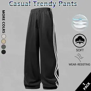 Men's stylish striped print drawstring waist sweatpants, casual and loose-fitting with pockets and a straight leg design, suitable for autumn and winter wear, men's everyday trousers.