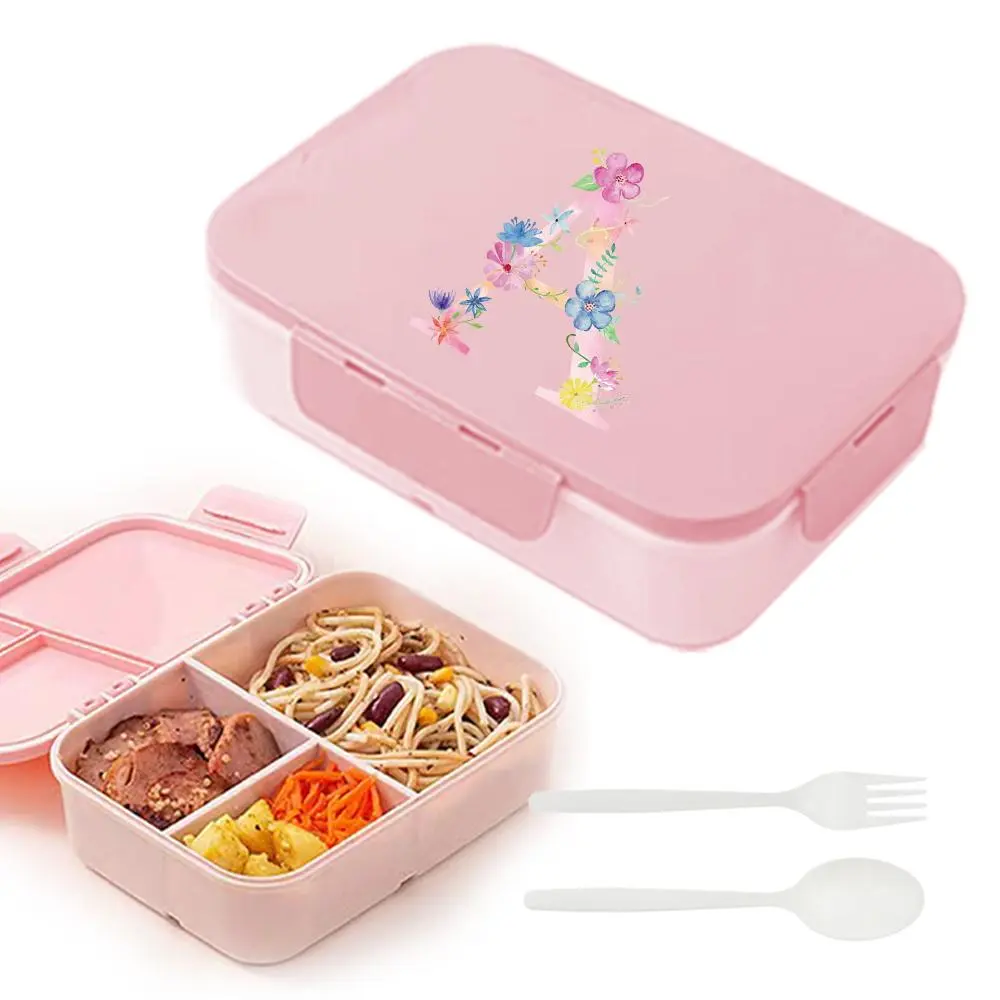 Floral & Letter Pattern Lunch Box with Cutlery, Large Capacity Compartment Bento Box with Lid, Portable Lunch Case for School Camping Office, Personal Lunch Box Meal Prep Containers Lunchbox