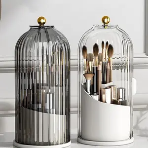 1PCS Makeup Brush Holder Organizer with Clear Lid, 360° Rotating Cosmetic Storage Box, Dustproof Sliding Opening Design, High-Quality Durable Plastic Container, Large Capacity Makeup Organizer for Vanity, Bathroom Countertop, Dresser and Desktop Storage