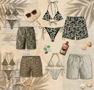 Camo Print Couples Swimwear Collection - Matching Bikini & Board Shorts for Beach Vacation | Summer Beachwear Set