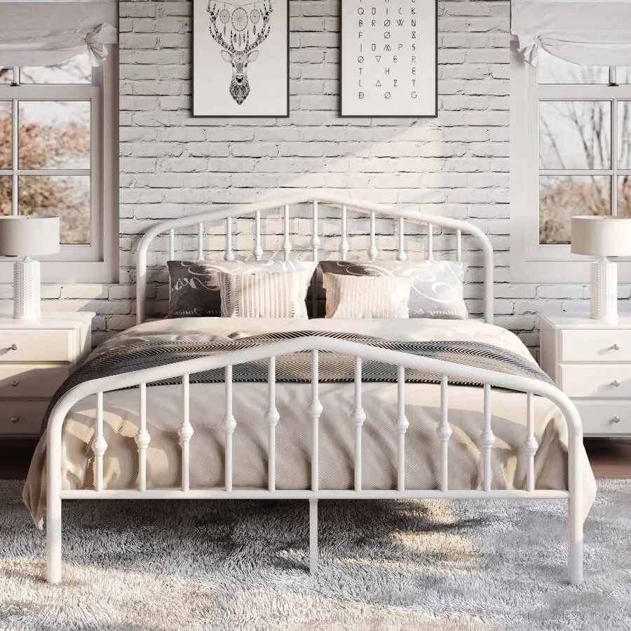 Twin/Full/Queen/King Size Metal Platform Bed Frame With Victorian Style Wrought Iron-Art Headboard/Footboard, No Box Spring Required, White LED Cloud tall Double Floor Door Canopy Storage