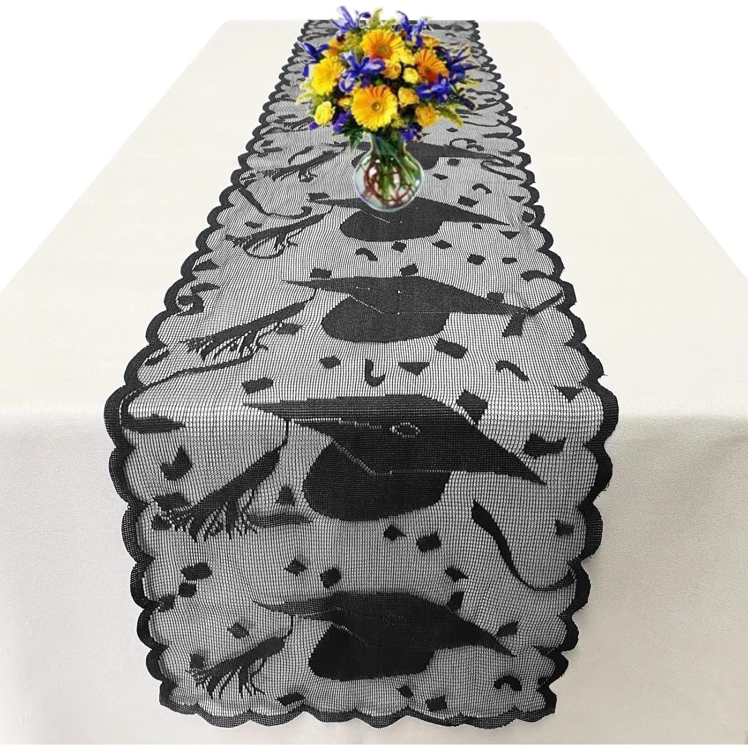 Lace Graduation Table Runner 72 Inches - 2025 Graduation Party Decorations for Table - Graduation Tabletop Centerpiece Decor -  Decorations for Home Kitchen Dining Room (Black)