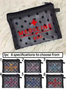 Black Mini Portable Mesh Medicine Bag With Colorful "Medicine Bag" Letters And Cross Patterns, For Travel Storage Bag, Toiletries Bag, Makeup Bag, First Aid Kit, Medical First Aid Kit Storage Bag, Outdoor Household Pill Bag, For Daily Commuting
