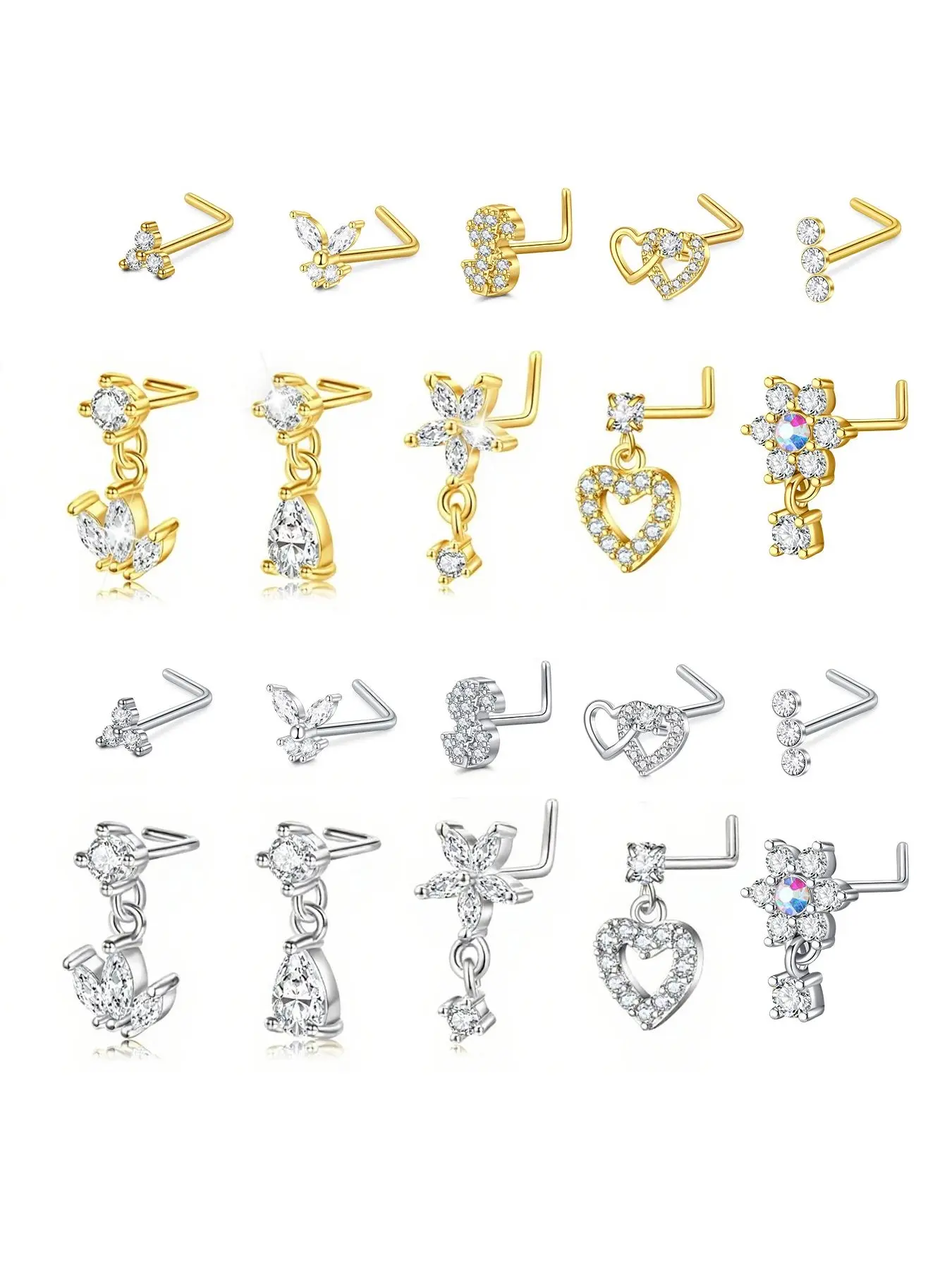 Heart-Shaped Teardrop Flower Design Dangling Rhinestone Nose Ring Nose Stud Cubic Zirconia Cartilage Butterfly Earrings Perfect for Women's Body Jewelry Holiday Gifts Stainless Steel Body Piercing Jewelry 20 Gauge Body Jewellery