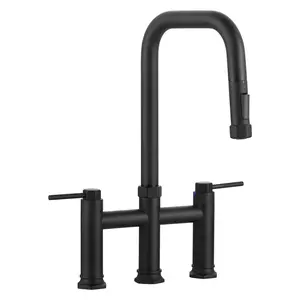 WOWOW 3-Hole 8 in. Double Handle Brass Bridge Kitchen Faucet with 2-Mode Pull Down Sprayer and Supply Lines in Matte Black