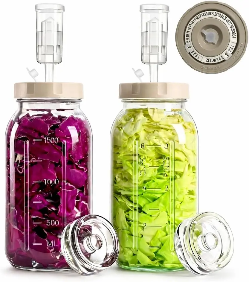 64oz/2L Glass Fermentation Jar (2 Pack Jars Included） | Glass Fermenting Jar with Dial Date Tracker Lids,Airlocks & Weights,Fermenting Kit for Sauerkraut,Pickling,Kombucha & Cider