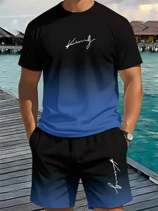 Gradient Signature Casual Men's 3D Digital Printing Two-Piece Set, 2Pcs, Trendy Stylish Classic Fashion Set, Fitted Trendy Retro Casual Two-Piece Set, Vacation Style Tropical Trendy Outfit, Breathable Sports Casual Style, a Perfect Holiday Gift for Men