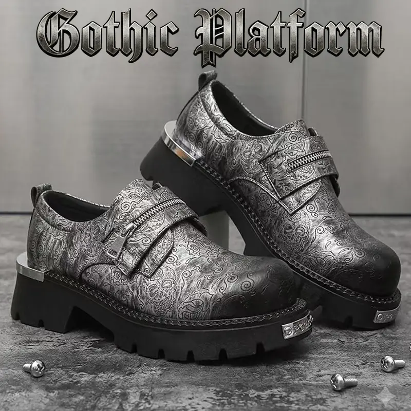 Men's Gothic Skull Embossed PU Leather Round Toe Chunky Lace-Up Dress Shoes - PU Sole, All Seasons, Casual/Business Wear for Comfortable Walk