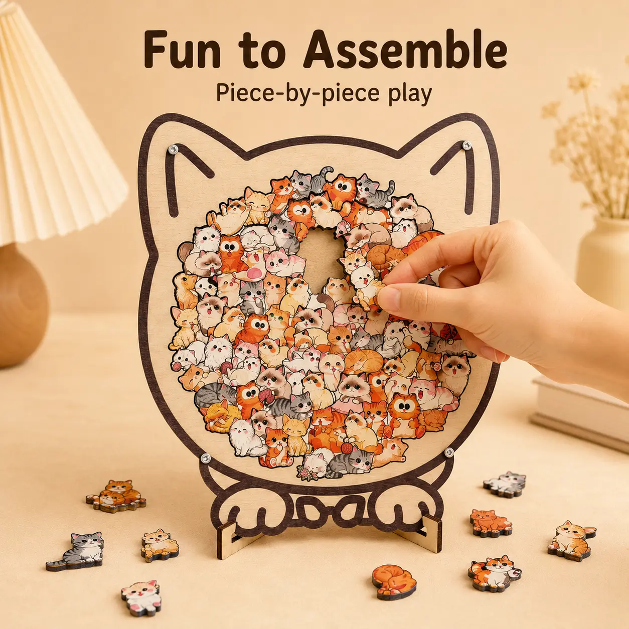 [Dealsforyou] Wooden Animal Jigsaw Puzzle with Display Stand - Display Frame, Cat-Dog-or-Bear Design, Thick Wood Kit, Desktop Decor Gift, Choose 1 Style