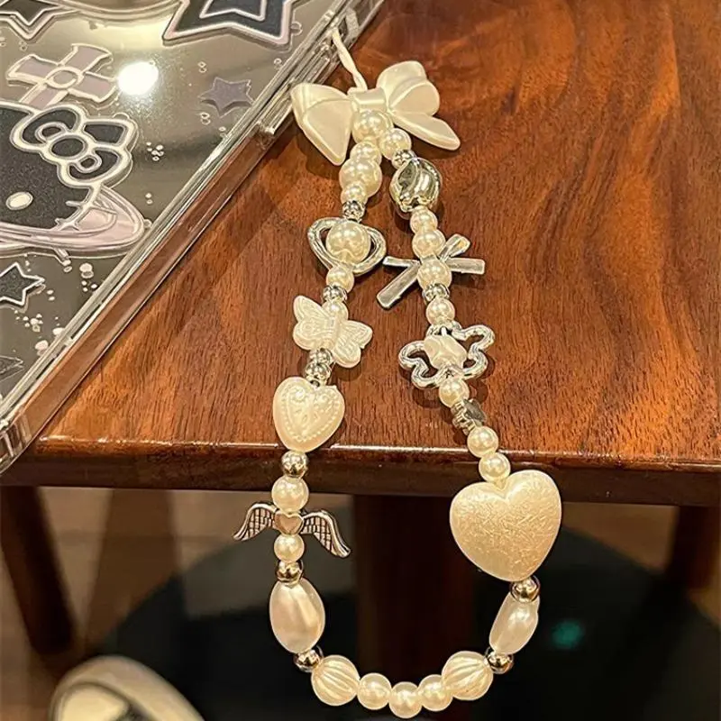 Handmade Acrylic 15cm Heart Bow Single Chain Phone Lanyard Strap Charm, Compatible with iPhone, Samsung & Smartphones, Girls' Mobile Phone Accessory Gift, Beaded Handmade