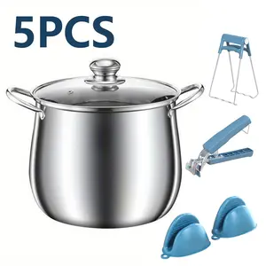 5pcs Stainless Steel Soup Pot Set with Glass Lid, Includes Ladle & Clip, Large Capacity, Suitable for Gas Stove Ceramic Cooktops, Stainless Steel Cookware