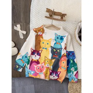 Easter Girls' Sweater, Fashionable Autumn/Winter Cute Colorful Kitten Print Pullover, All-Season Children's Sweater, Suitable Outdoor Vacations, Camping, and Travel, Holiday Gift Girls - 208
