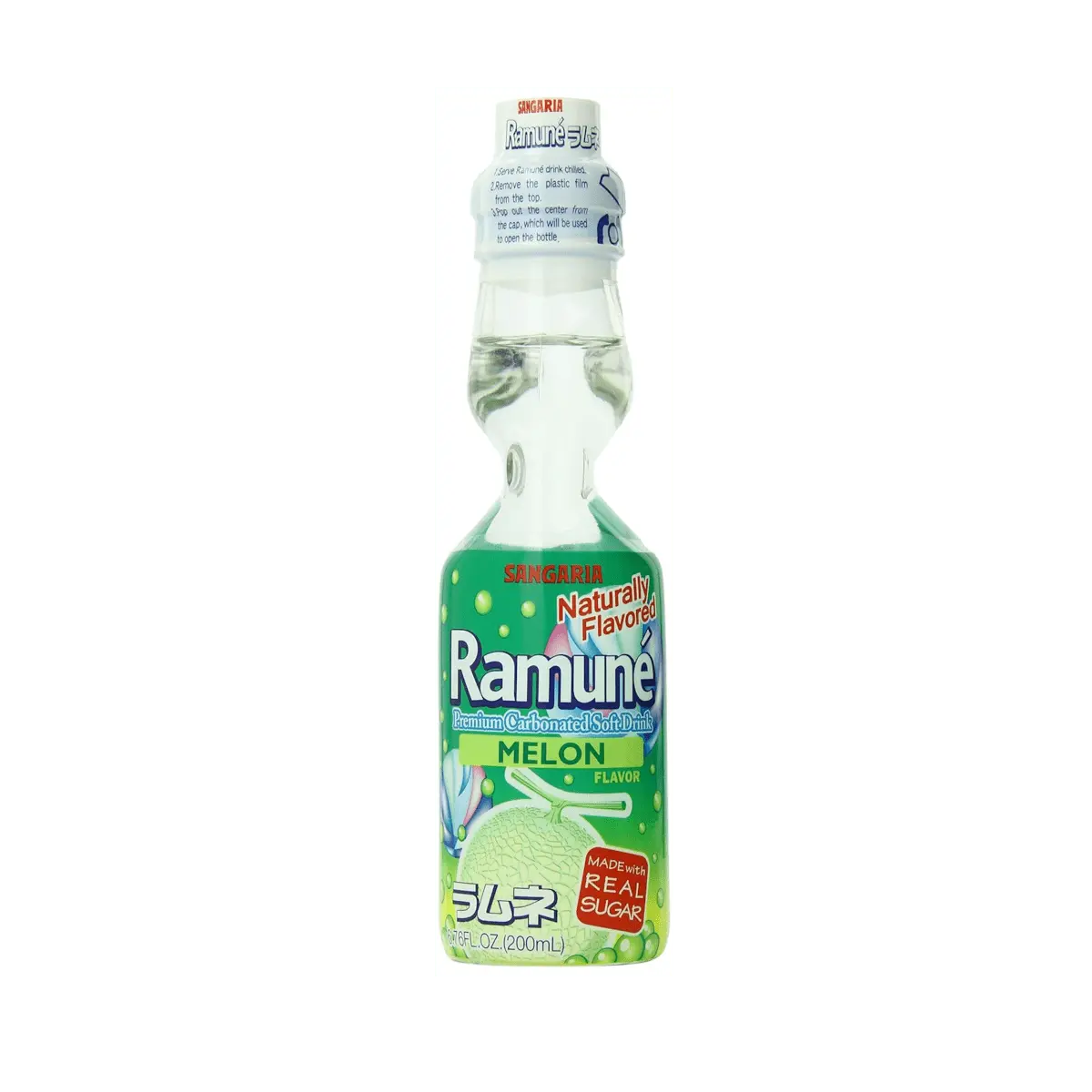 Sangaria Ramune Melon Flavor Fizzy Beverage - 200ml Room Temp Drink with Sugar, Real Sugar, Citric Acid, Water, Natural Ingredients, Ambient Storage, Fun to Enjoy