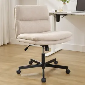 Okeysen Armless Criss Cross Desk Chair with Wheels - Wide Seat, Height-Adjustable, 360-Degree Swivel, Comfy Cross-Legged Task Chair for Home Office, Vanity, Beige
