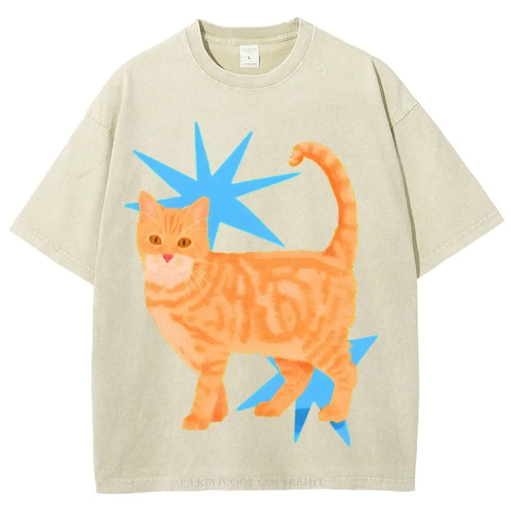 Orange Cat Unisex Vintage Washed Tee, Oversized 5XL Graphic Shirt, Menswear, Womenswear Fit Top