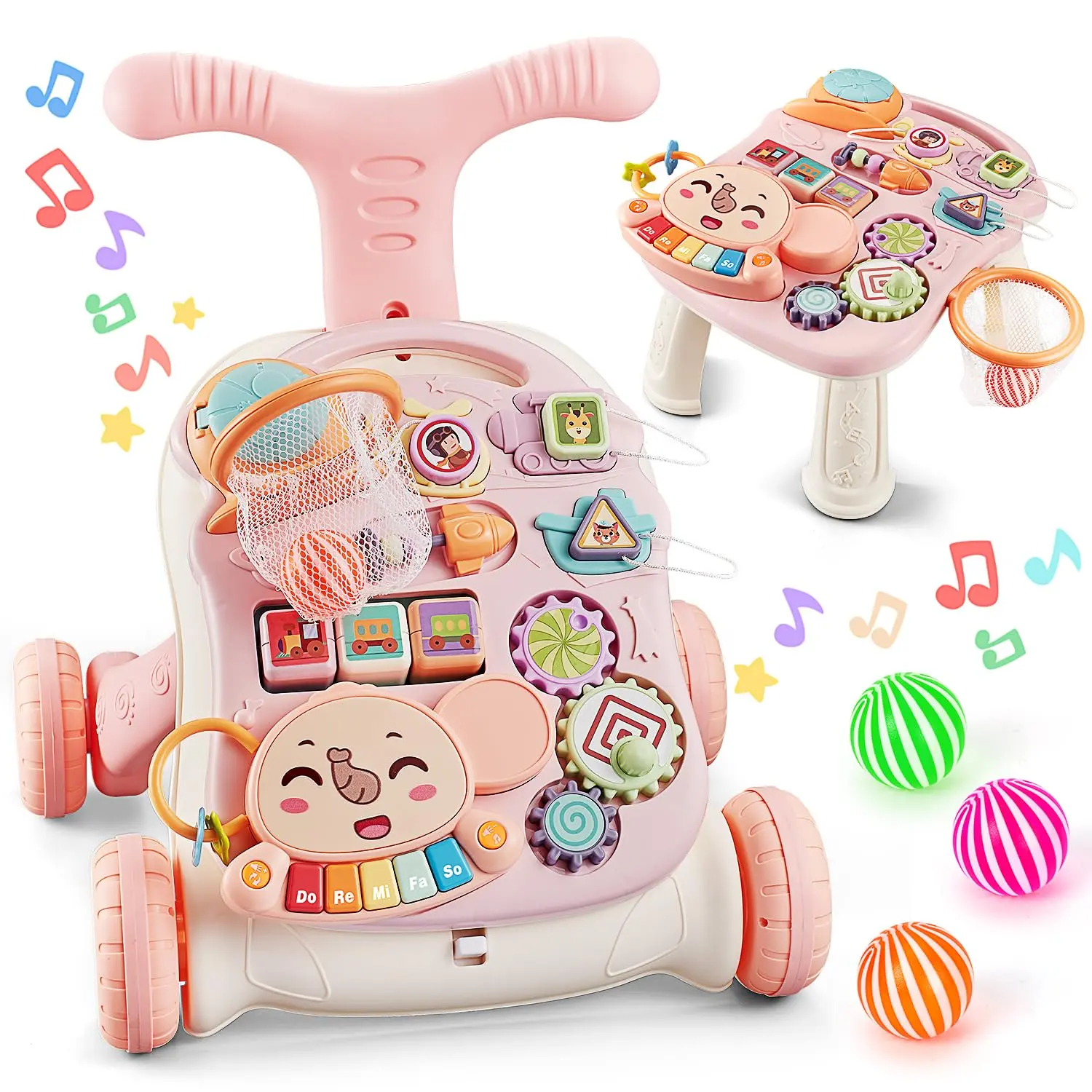 TOY LIFE 4-in-1 Baby Push Walker & Activity Table - Sit-to-Stand Learning Walker for Baby Girls 6-12 12-18 Months, Anti-Slip Speed Control Wheels & Water Tank, Musical Educational First Steps Toy, Pink