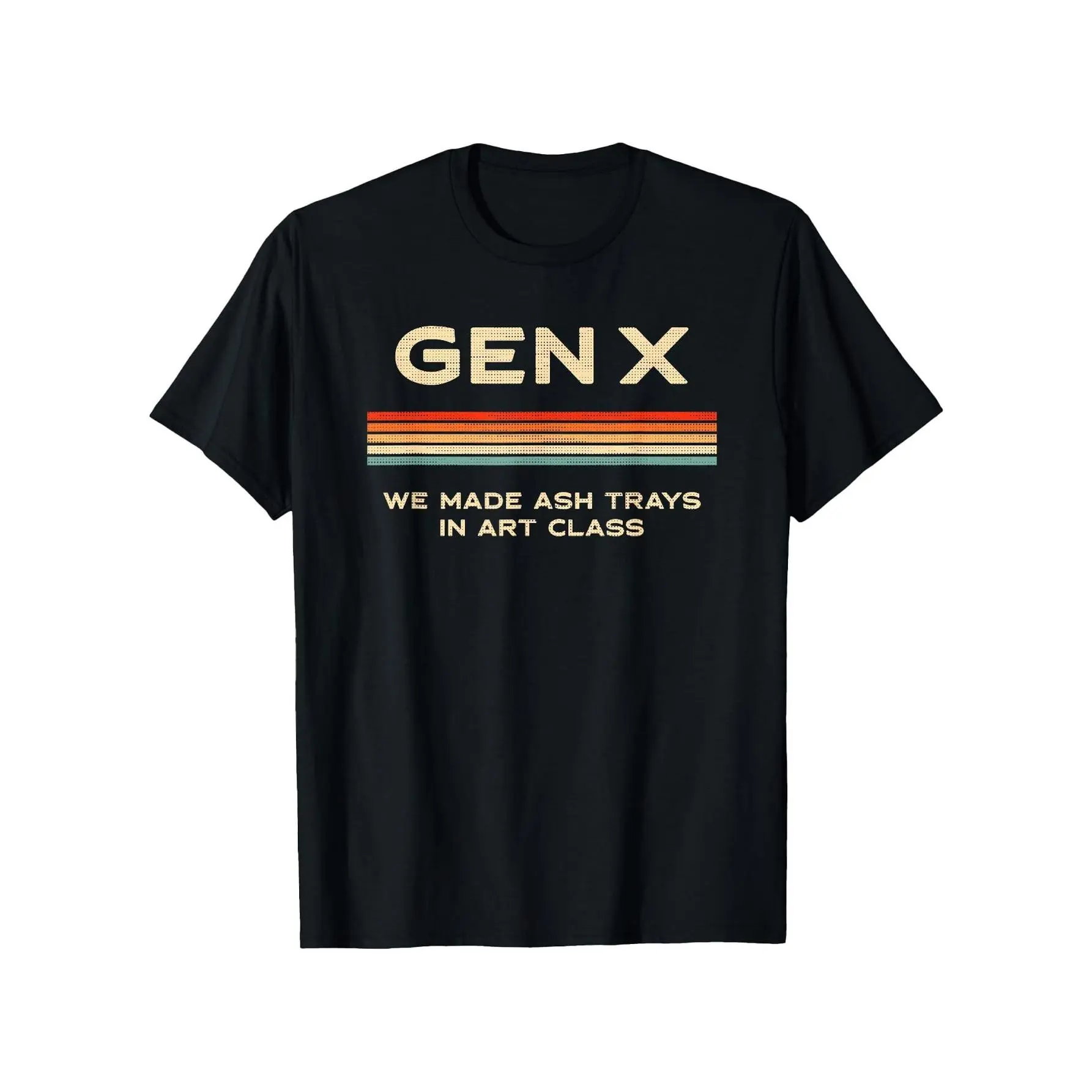 Men's Funny Gen X Retro Graphic T-Shirt - "GENX" Vintage Design & Classroom Tray Quote - Soft Breathable Cotton Tee for '80s '90s Birth Years - Everyday Casual Crewneck Shirt for Art Class, Office, Parties - Machine Washable Black Shirt with Beige & Red A