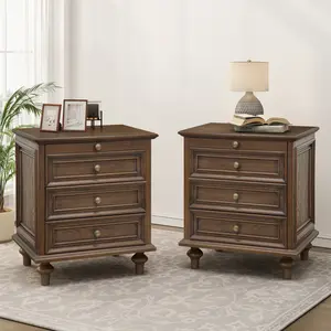 ARCH Farmhouse Nightstands Set of 2 with 4 Drawer,Wood Storage End Table with Hidden Pull-Out Shelf, Large Side Table with 4 Solid Wood Feet and Metal Handle,Easy Assembly,Walnut Brown
