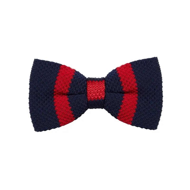 Navy Blue/Red Stripes Knitted Bow Tie - Pre-Tied, Adjustable Neck Strap, Textured Knit Design, Versatile Color for Formal and Casual Wear