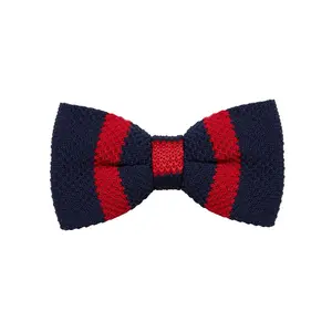 Navy Blue/Red Stripes Knitted Bow Tie - Pre-Tied, Adjustable Neck Strap, Textured Knit Design, Versatile Color for Formal and Casual Wear