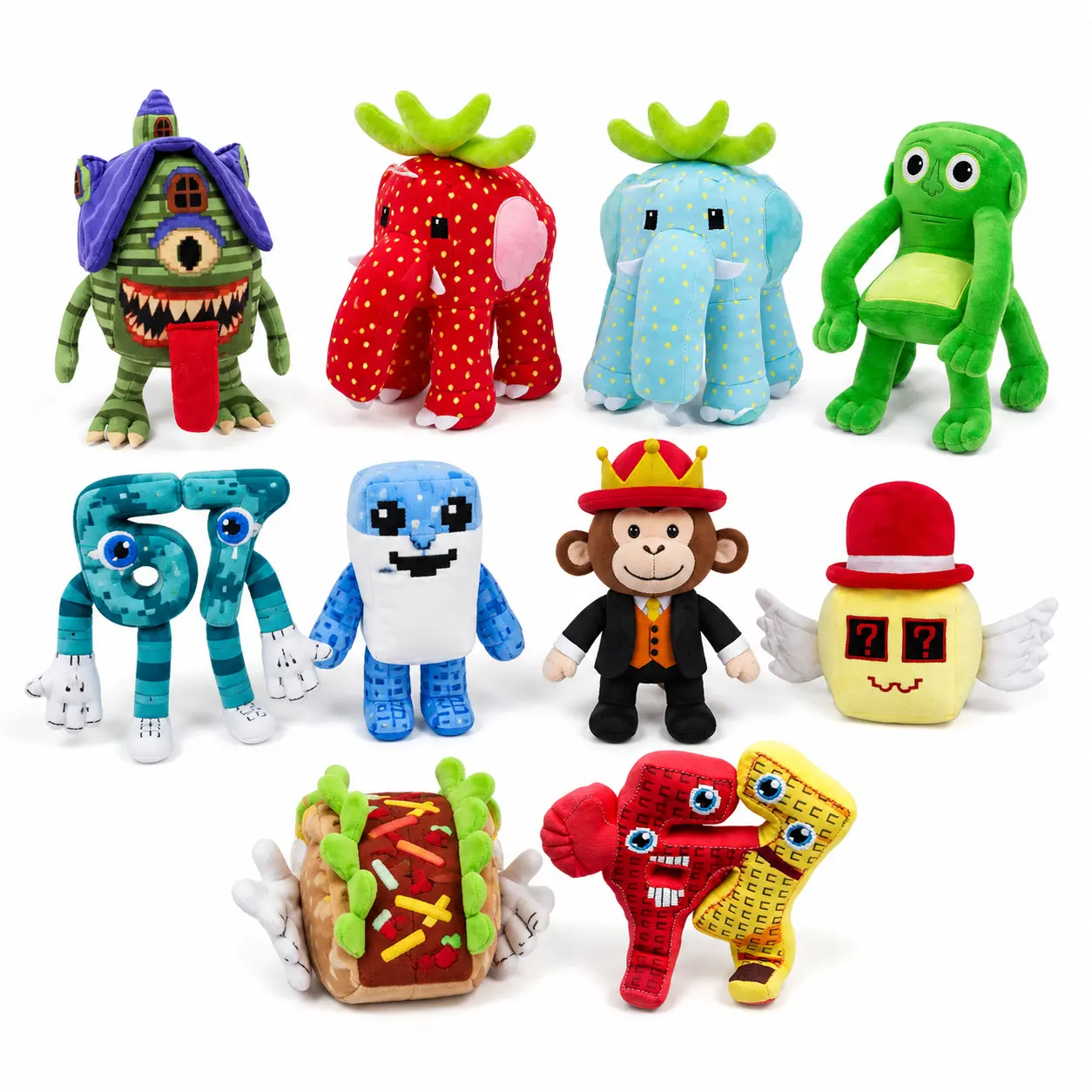 10-Piece Colorful Novelty Plush Toy Set, Assorted Number, Animal, Food and Fantasy Shape Stuffed Toys for Room Display, Birthday Parties and Holiday Gifts