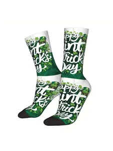 BIIHUDU Saint Patrick's Day Socks for Men - Casual, Full-Body Clover & Shamrock Print, Happy Saint Patrick's Day Text, Green & Black, Menswear