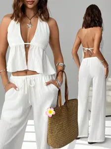 Spring Summer Women's 2-Piece Fitted Casual Fashion Sexy Backless Tie Neck Vest Top + Solid Color Elastic Waist Straight Leg Pants Set Womenswear