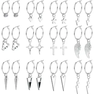 FINREZIO 12 Pairs Hoop Earrings Set for Women Star Cross Lightning Earrings Mini Huggie Hoop Earrings with Dangle Charms