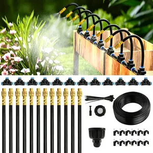 Garden Irrigation system, 50Ft 1/4" Drip Irrigation System with 12PCS 360° Adjustable Copper Nozzles, Automatic Misting Watering System for Raised Beds, Greenhouse, Lawn, Patio, Yard