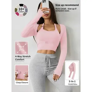 Women's Solid Color Long Sleeve Thumb Hole Design Halter Neck 2 in 1 Sports Tee Gym Yoga Tops for Yoga Gym Workout, Ladies Sportswear for All SeasonsRAIMENTRY