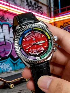 Luxury Men's Quartz Watch Vintage Rainbow Border Sport Watch Waterproof Calendar Display Leather Strap Casual Fashion Gift Watch