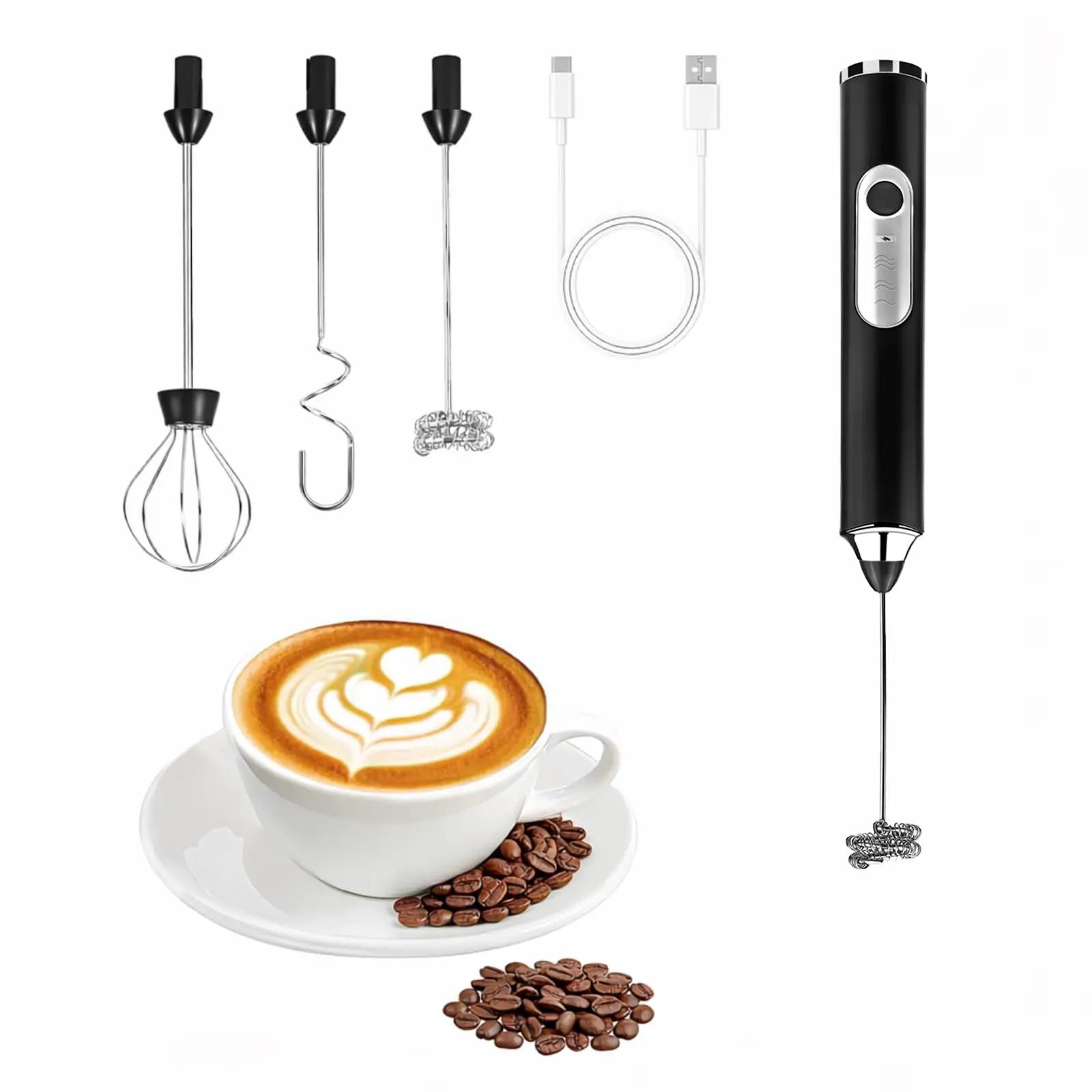 USB-C Rechargeable Automatic Milk Foamer - 3 Stainless Steel Heads, Powerful Detachable Handheld Drink Mixer, Coffee Bar Accessory, Home Coffee Tool for Lattes, Cappuccino & Matcha (No Stand)