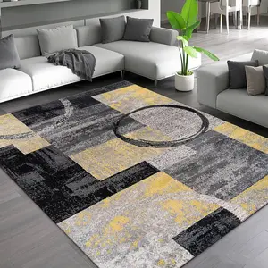 Modern Velvet Geometric Square Rug, Block Design, Suitable for Living Room & Hotel Decor, Home Decorative Rugs