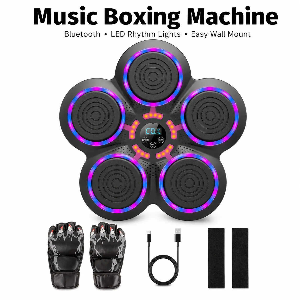 Music Boxing Machine, Wall Mounted Bluetooth Boxing Trainer with LED Rhythm Lights, 5 Impact Pads, Speed Modes, Gloves Included for Home Worko