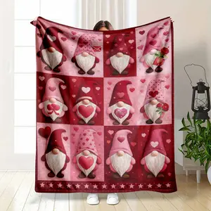 Valentine Gnome Flannel Blanket Heart Love Print Soft Warm Cozy Decorative Throw for Bedroom Sofa Living Room Holiday Gift Party Use