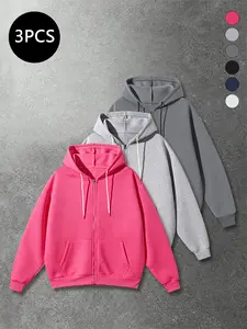 3-Pack Men’s Loose Sports Casual Jackets for Spring/Fall, American Style Solid Color Zip Hooded Cardigan Sweatshirt