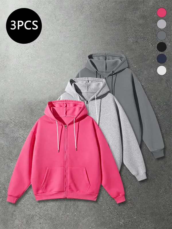 3-Pack Men’s Loose Sports Casual Jackets for Spring/Fall, American Style Solid Color Zip Hooded Cardigan Sweatshirt