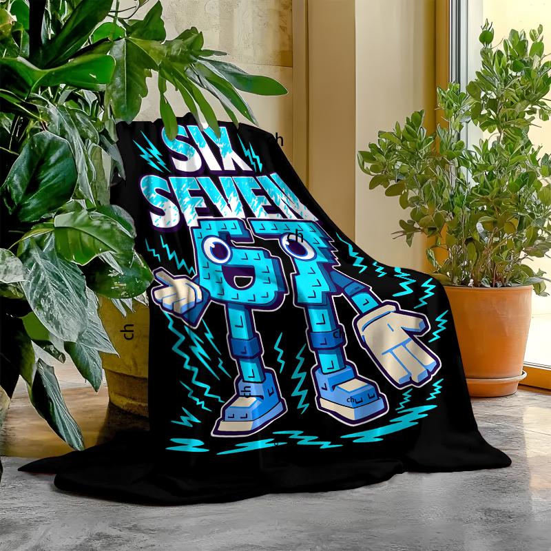 Blue-Black Color Block "67" Number Robot Lightning Flannel Blanket A warm nap blanket Lightweight Warm Ideal for Sofa Bed Travel Camping Living Room Multiple  Perfect Gift for Family and Friends